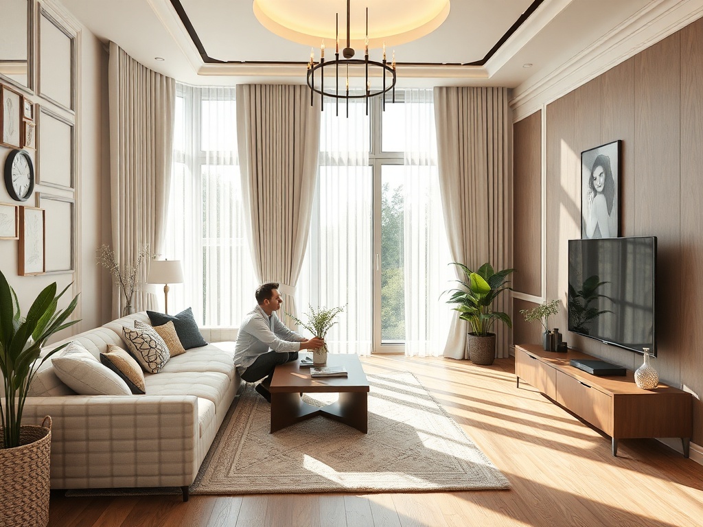 Современный светлый интерьер гостиной с sofa, столиком и мужчиной, ухаживающим за растением на окне.