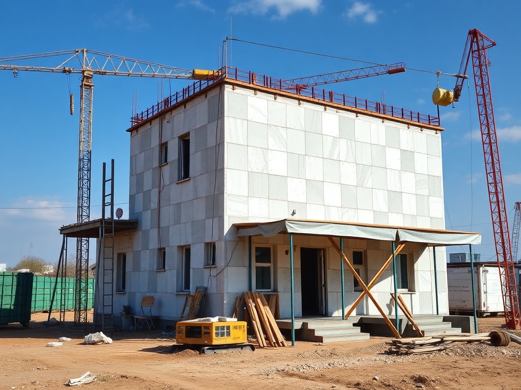 Строящийся дом с лесами и кранами на фоне голубого неба и облаков. Строительные материалы на земле.