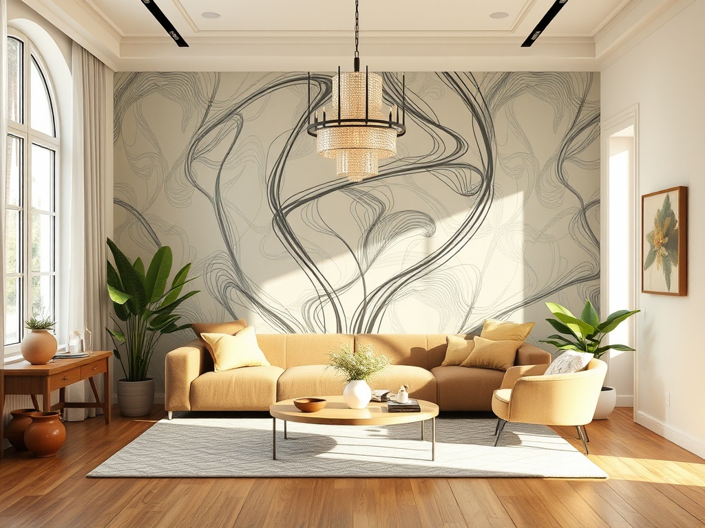 Уютная комната с диваном, стильной люстрой и узорной стеной, освещенная естественным светом.