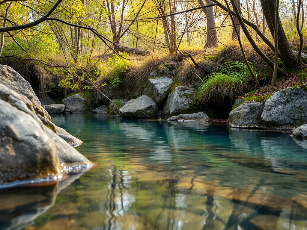 Уютный природный пейзаж с прозрачной водой и зелеными деревьями, отражающимися в реке.