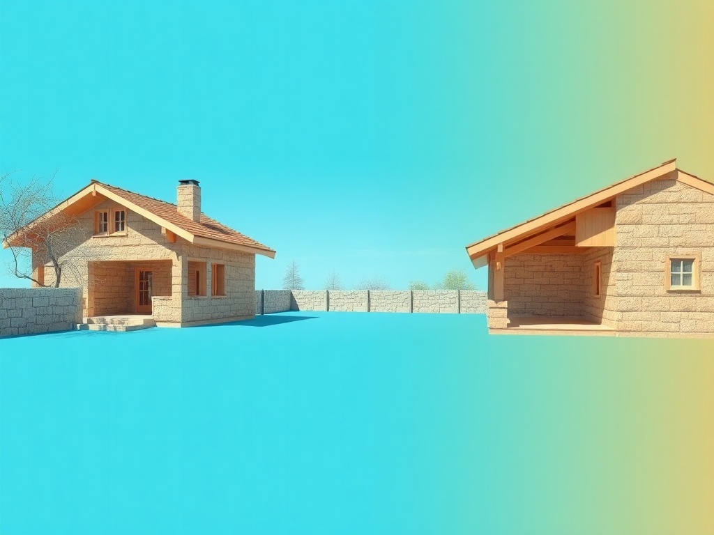 Два деревянных дома с красной крышей и каменной оградой на фоне яркого небесно-голубого неба.
