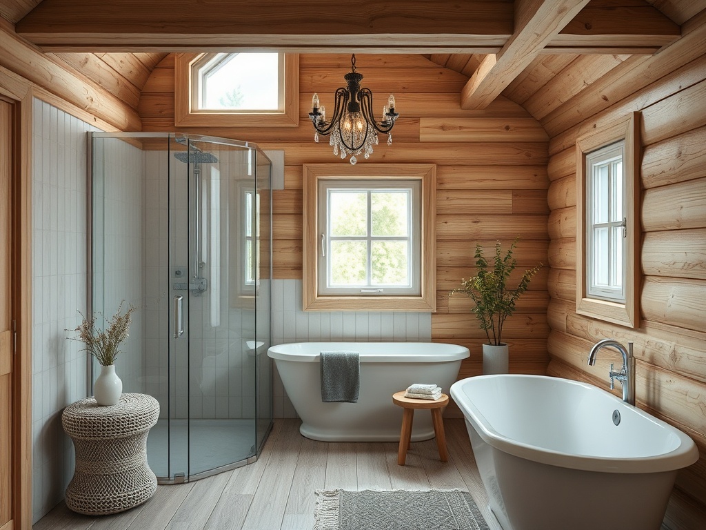 Современная ванная комната с деревянными стенами, ванной и душевой кабиной, украшенная стильными деталями.