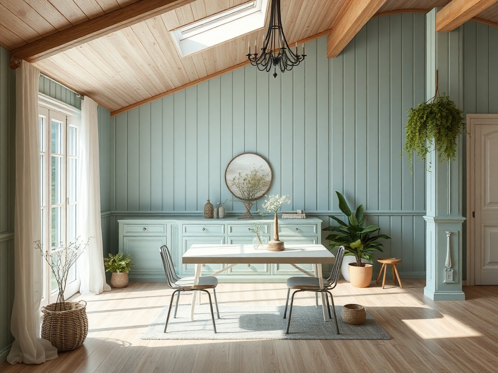Светлая кухня с голубыми стенами, столом и стульями, растениями и уютным освещением.
