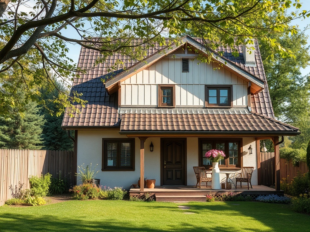 Уютный загородный дом с цветами на веранде, surrounded by greenery and a well-maintained lawn.