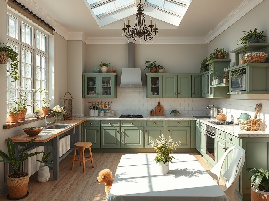 Светлая кухня с зелеными шкафами, большими окнами и растениям на подоконниках, уютный обеденный стол.