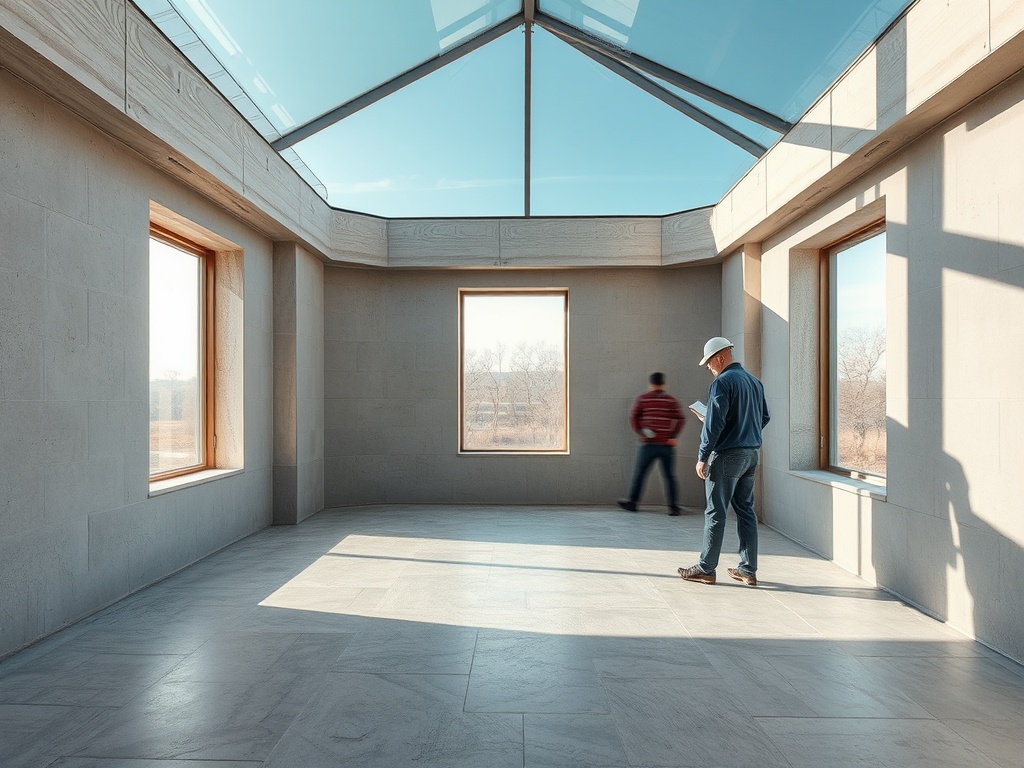 Два человека находятся в светлом помещении с окнами и стеклянной крышей. Внутри светло и просторно.