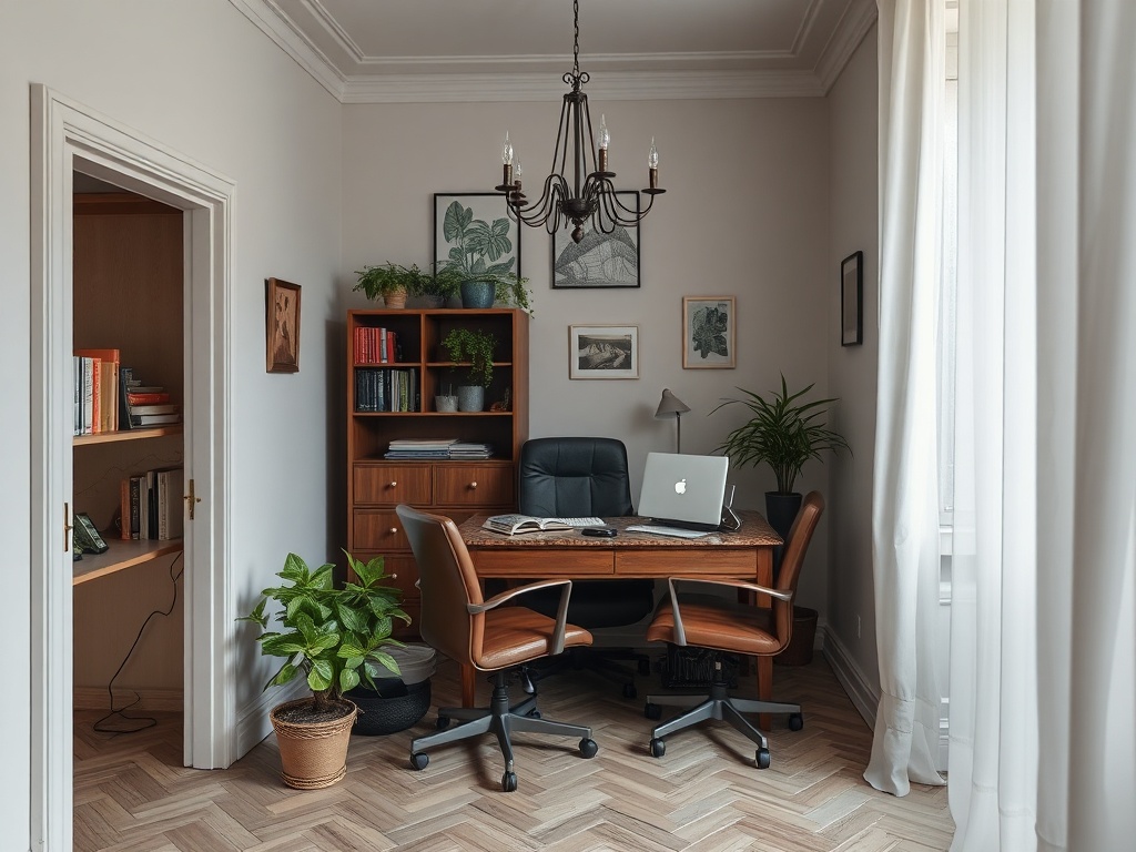 Современный офис с деревянным столом, растениями и книгами, освещенный люстрой и солнечным светом.