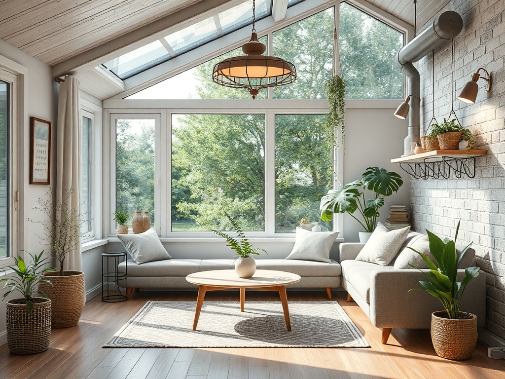 Светлая комната с большими окнами, софой, столом и зелеными растениями в уютной атмосфере.