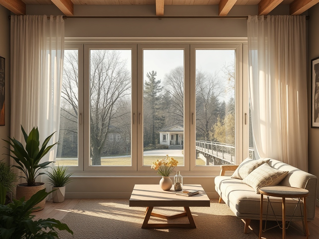 Светлое уютное помещение с диваном и большим окном, открывающим вид на природу и дом вдали.