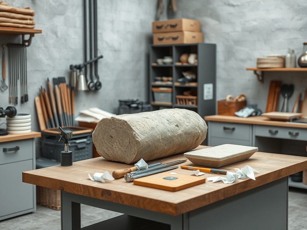 Современная мастерская с деревянным столом, инструментами и материалами для работы.