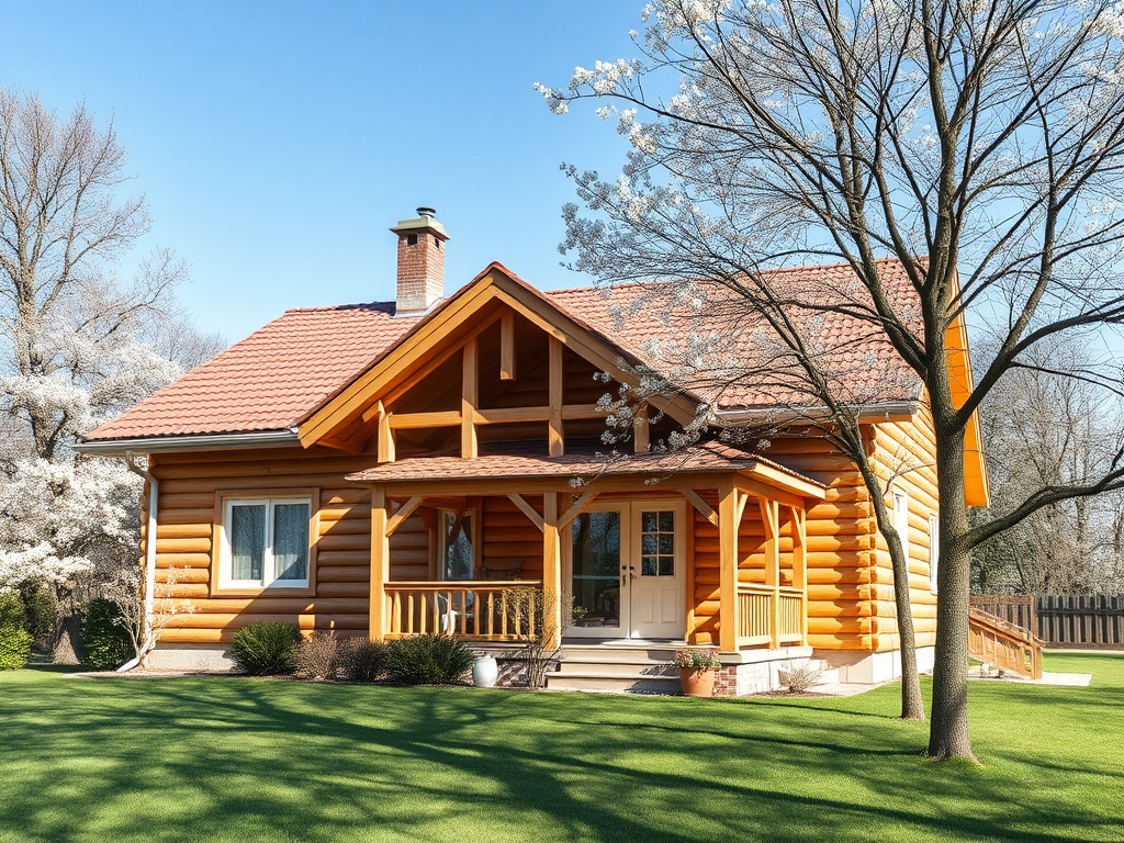 Деревянный загородный дом с террасой, окружённый зелёным газоном и цветущими деревьями. Ясная погода.