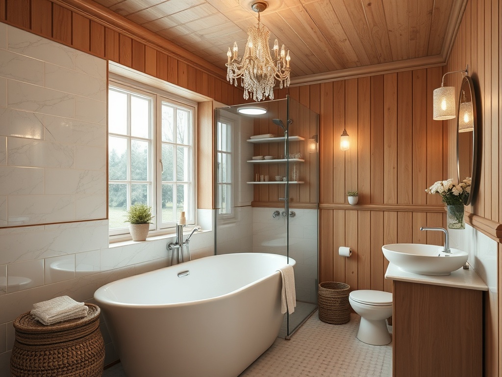 Современная ванная комната с ванной, душем и деревянной отделкой, аккуратно оформленная и светлая.