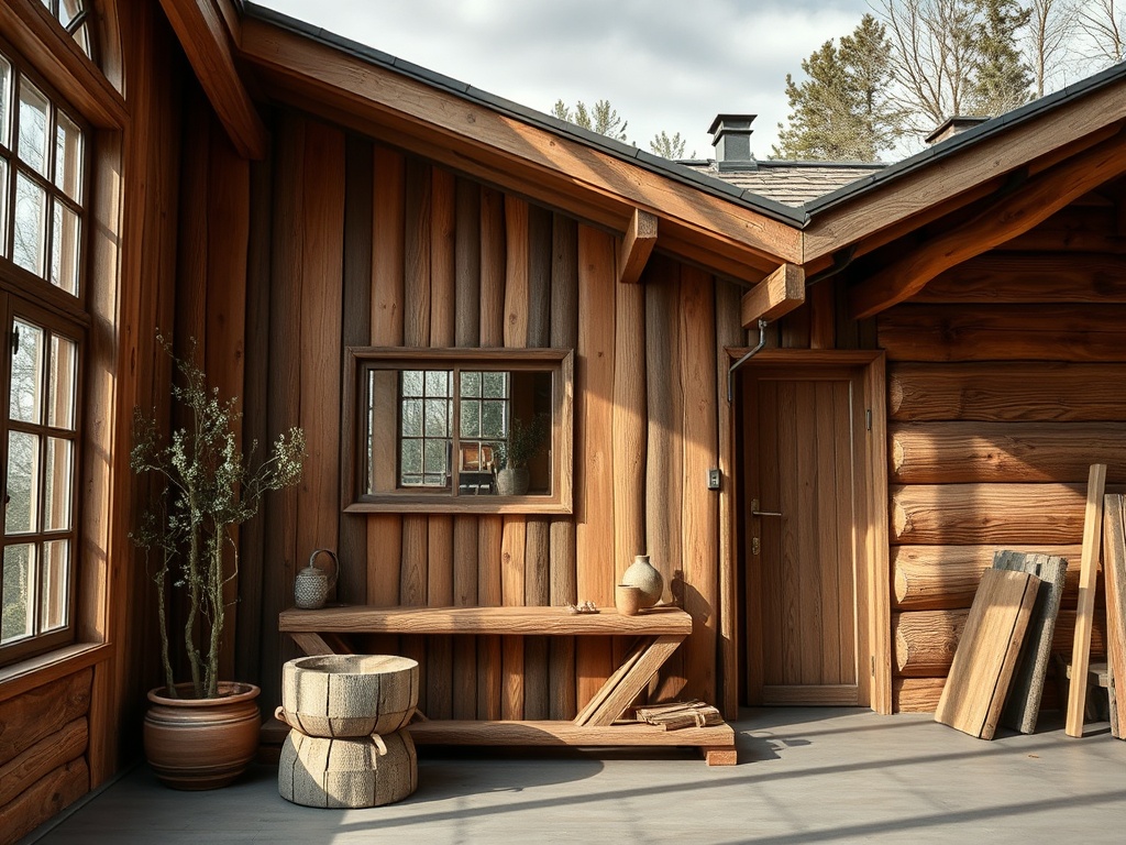 Уютный уголок деревянного дома с зеркалом, растением и элементами декора на полу.