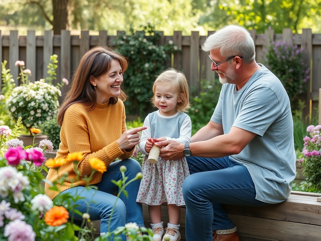Счастливая семья проводит время в саду, окруженная цветами, смеясь и играя с маленькой девочкой.