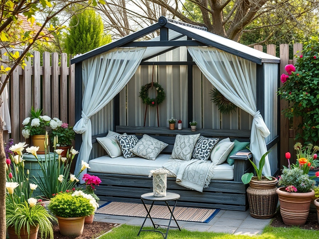 Уютная беседка с диваном, подушками и цветами, окружённая зеленью и декоративными растениями.
