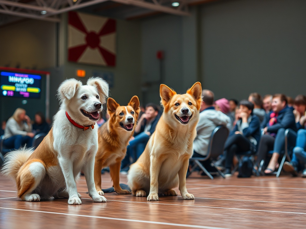 Три веселые собаки сидят на сцене перед зрителями на мероприятии для животных.
