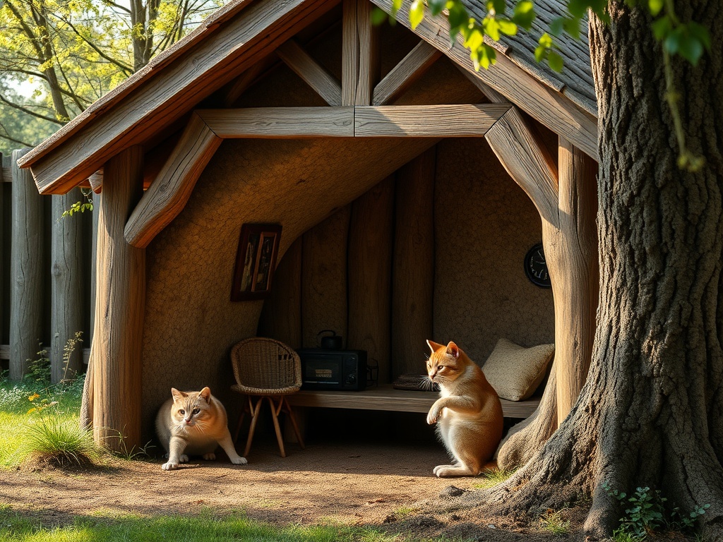 Два кота отдыхают в уютной будке под деревом, вокруг зелень и солнечный свет.