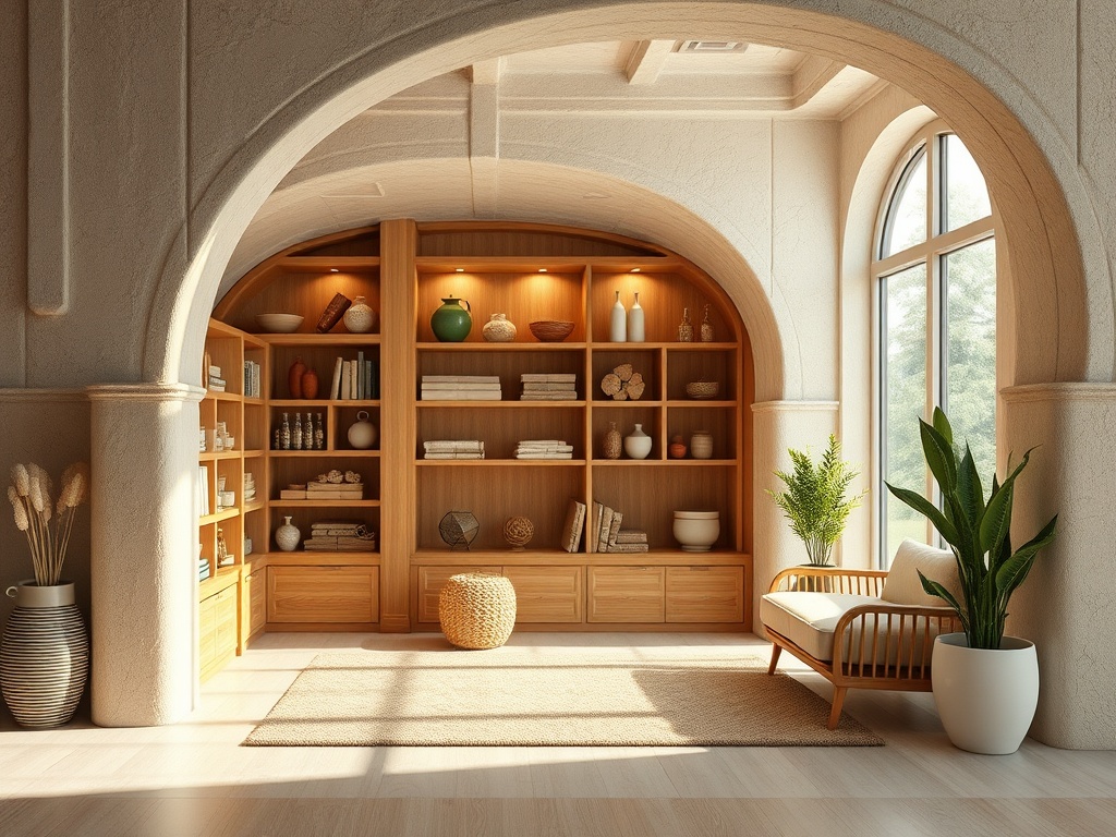 Уютный уголок с книжным шкафом, диваном и зелеными растениями, яркий свет через большие окна.