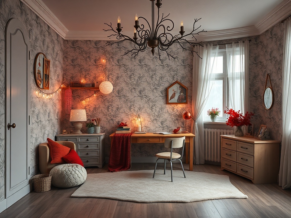 Уютная комната с письменным столом, стулом, корзинами, декоративными элементами и мягким светом.