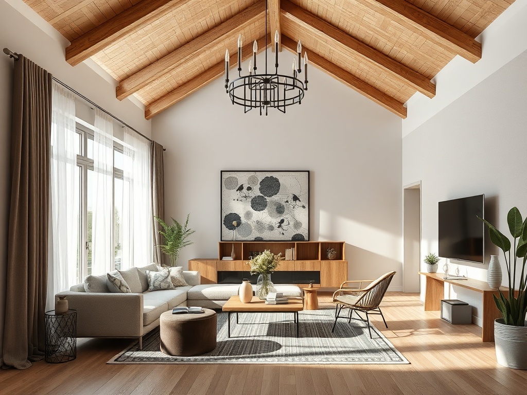 Светлая гостиная с высокими деревянными потолками, уютной мебелью и зелеными растениями на подоконниках.