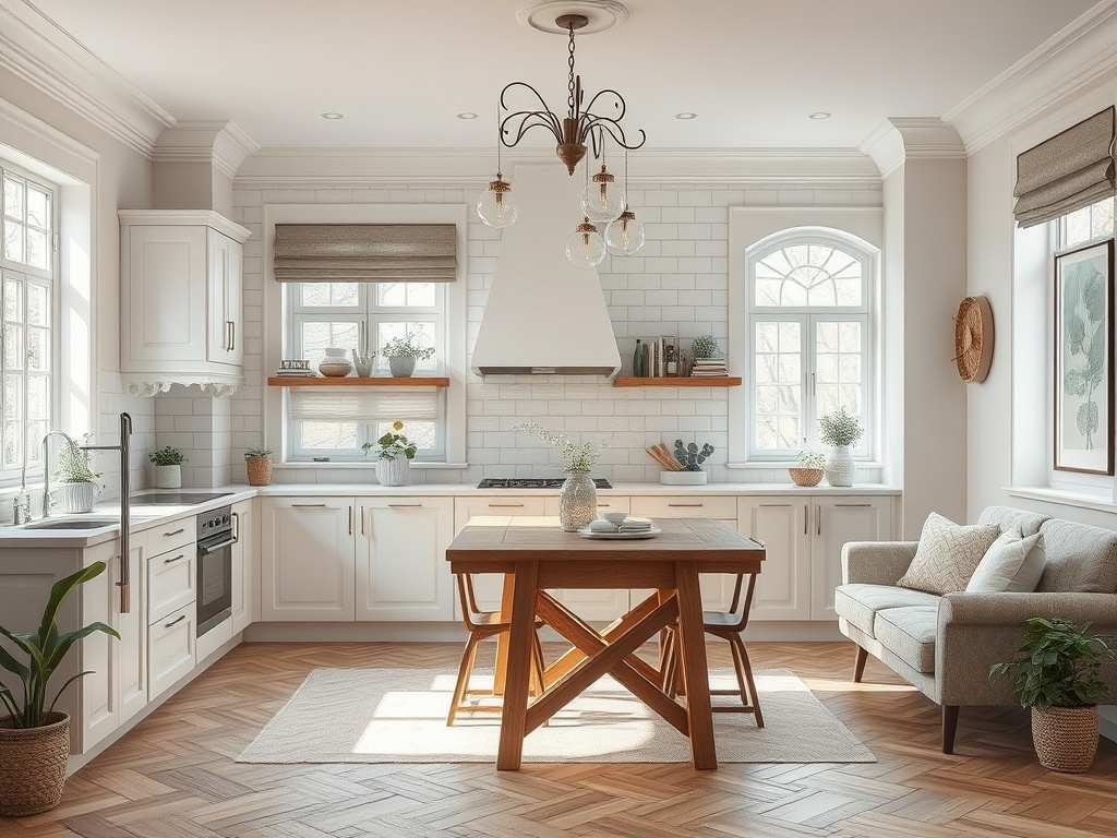 Современная кухня с белыми шкафами, деревянным столом и уютным диваном у окна, оформленная зелеными растениями.