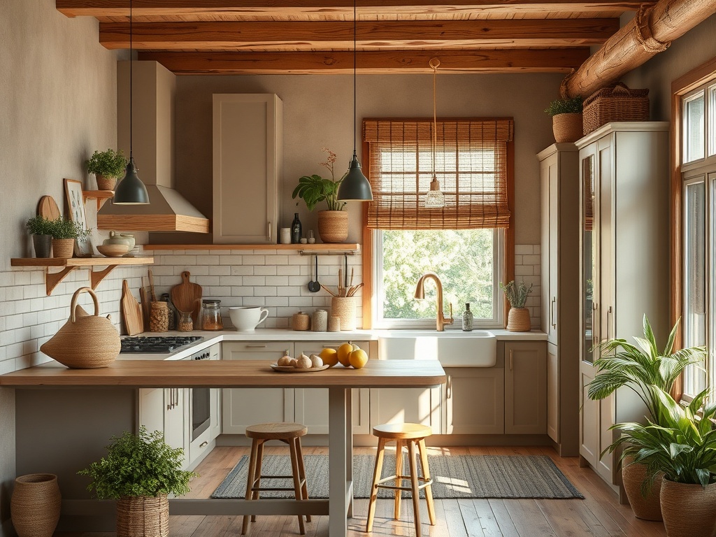 Современная кухня с деревянными балками, светлыми шкафами и зелеными растениями на столе и окнах.
