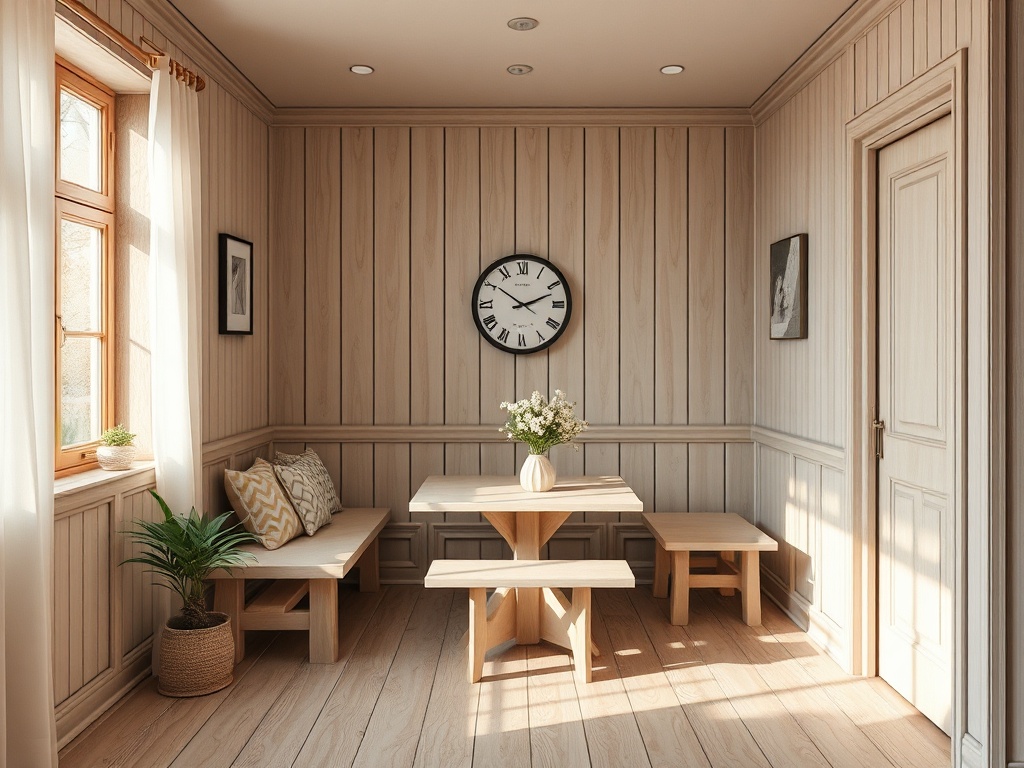 Светлая комната с деревянными стенами, столом и скамьями, украшенная цветами и часами на стене.