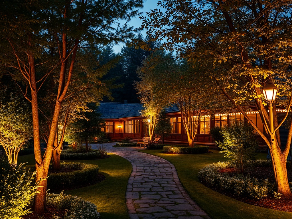 Скромный сад с освещённой дорожкой и уютным домом, окружённым деревьями и зеленью, в ночное время.