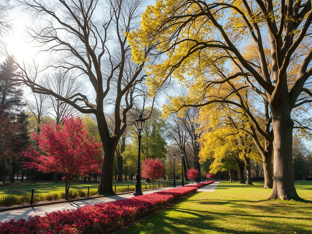 Солнечный парк с зелеными деревьями, яркими кустами и аллеей, украшенной цветущими растениями.