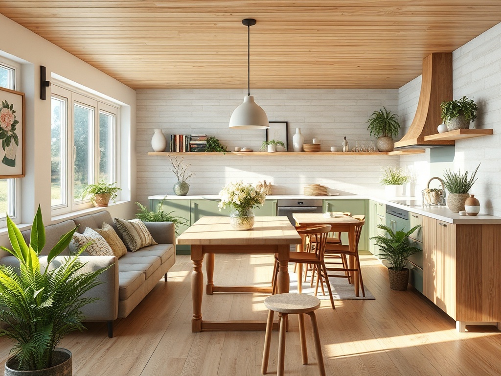 Светлое и стильное кухонное пространство с зелеными шкафами и деревянным столом, украшенное растениями.