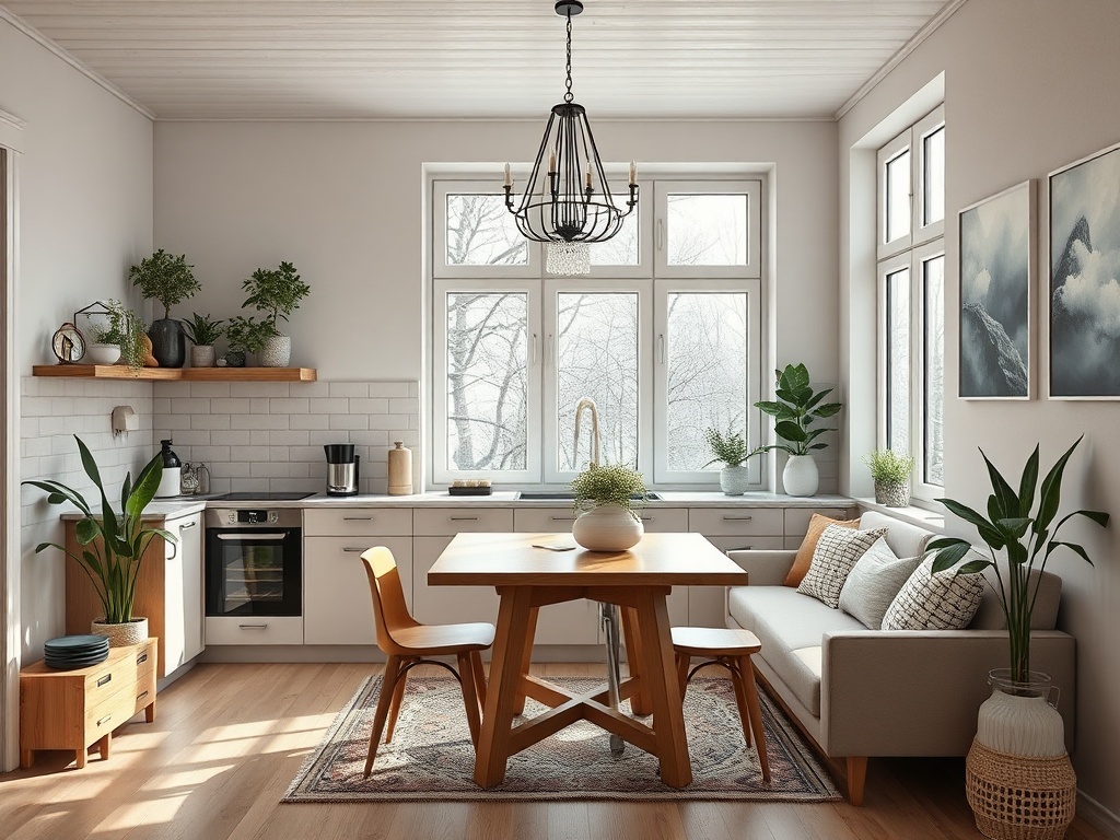 Светлая кухня с деревянным столом, растениями, современными приборами и зимним пейзажем за окнами.