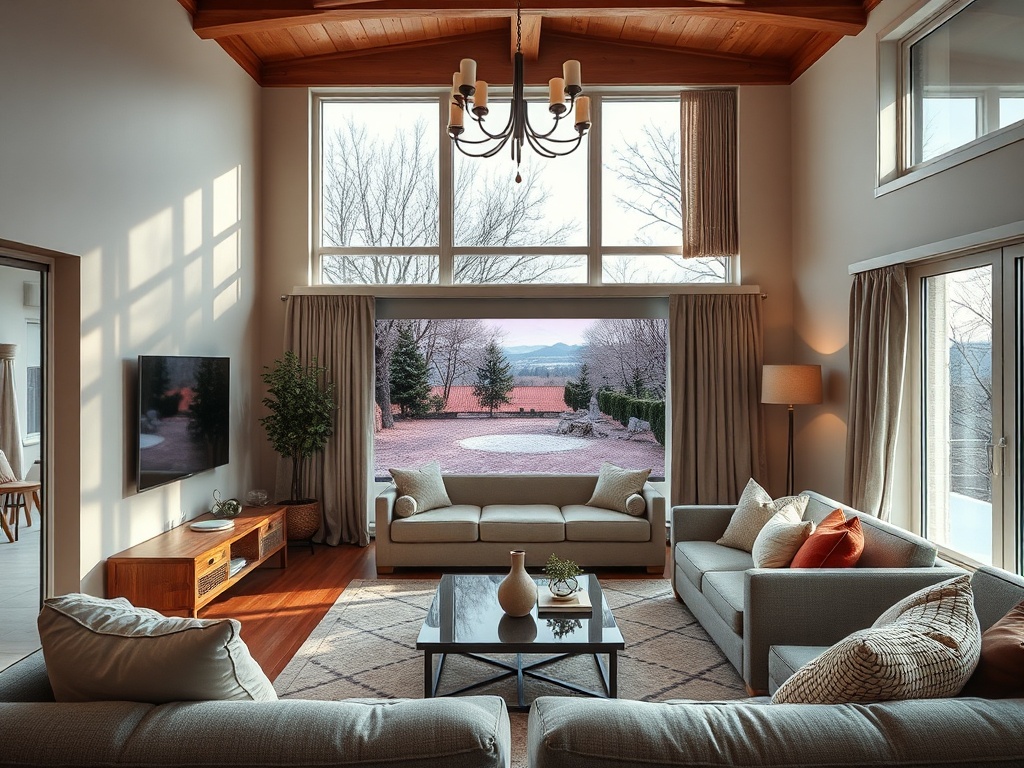 Современная гостиная с большими окнами, уютной мебелью и видом на открытое пространство за домом.