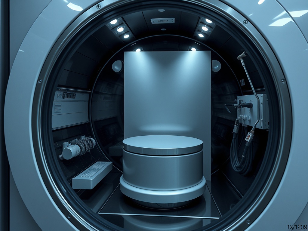 Внутри кругловидного помещения с гладкими стенами и центральным объектом. Светлые лампы освещают пространство.