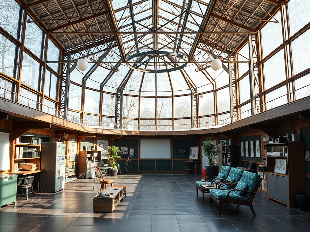 Светлое помещение с высокими окнами, мебелью и растениями, создающими уютную атмосферу.