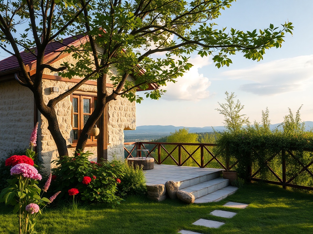 Уютный дом с террасой, окружённый зеленью и цветами, на фоне живописного пейзажа и небосклона.