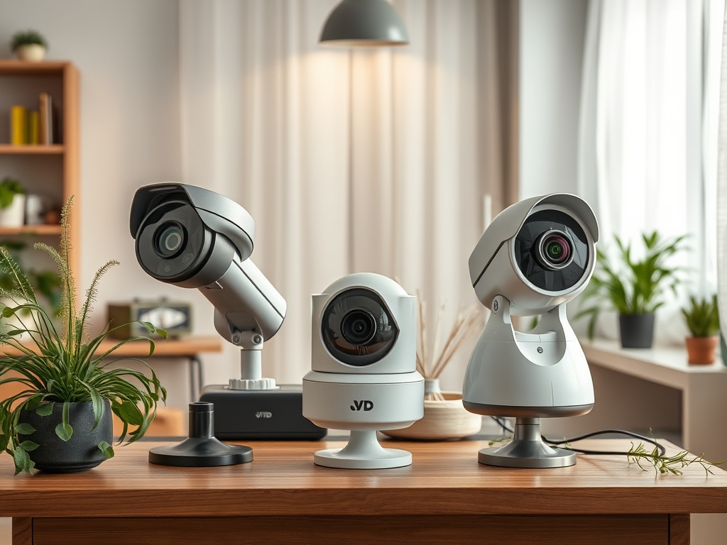 На деревянном столе стоят три видеокамеры, окруженные растениями, в светлой комнате.