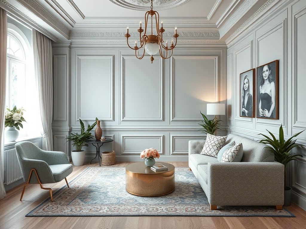 Современная гостиная с элегантным дизайном: диван, кресло, украшения и картины на стенах.